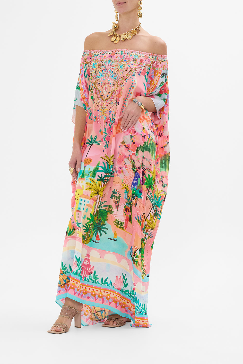 CAMILLA Off Shoulder Kaftan in Sister Sunset print. 