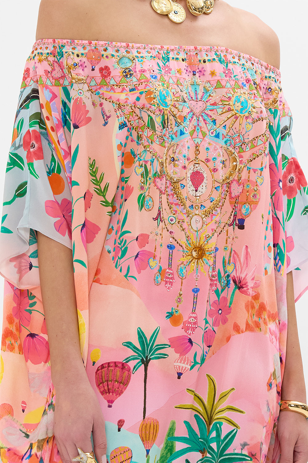 CAMILLA Off Shoulder Kaftan in Sister Sunset print. 