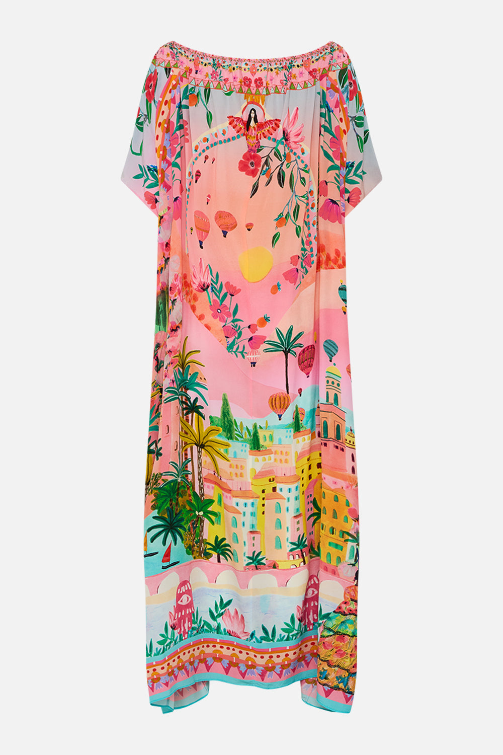 CAMILLA Off Shoulder Kaftan in Sister Sunset print. 