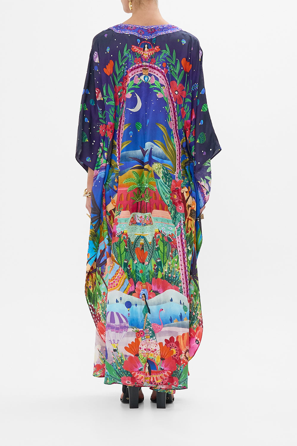 CAMILLA V Neck Kaftan With Front Welt Pockets in Midnight Muses print. 