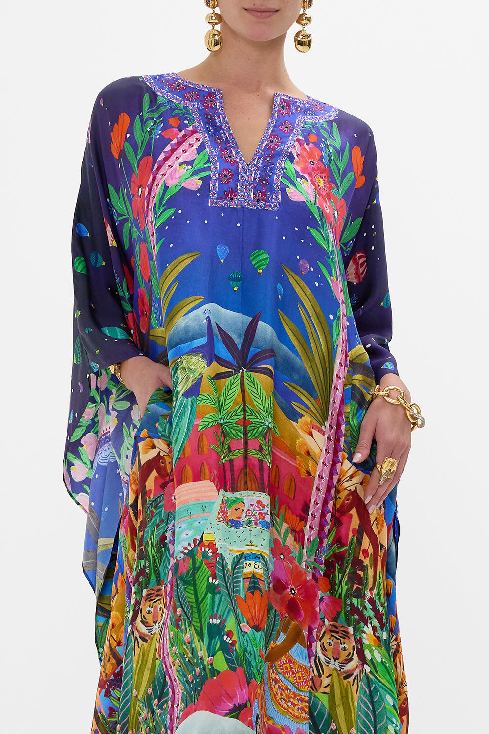 CAMILLA V Neck Kaftan With Front Welt Pockets in Midnight Muses print. 