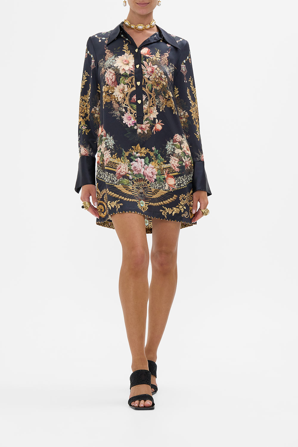 CAMILLA mini shirt dress in Dynasty Daze print. 