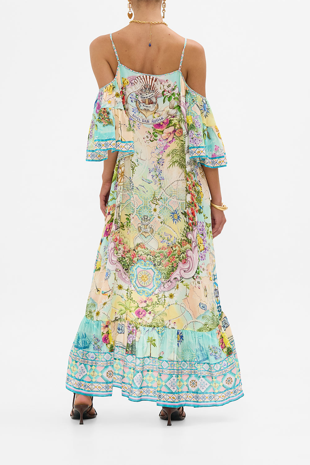 The CAMILLA Cold Shoulder High Low Dress in our Just Coasting print.