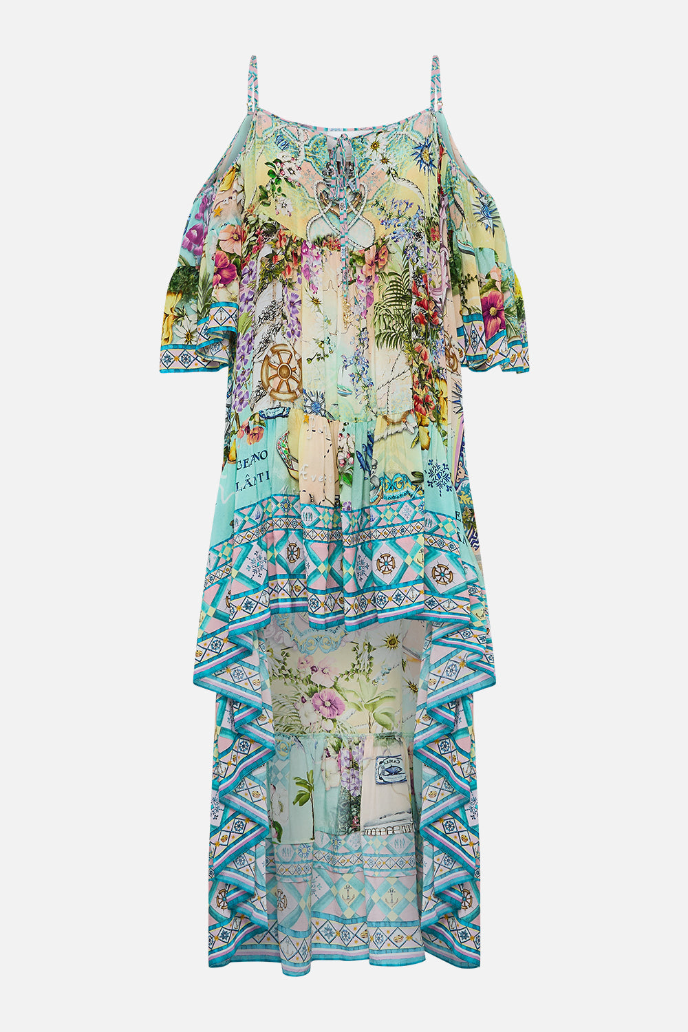 The CAMILLA Cold Shoulder High Low Dress in our Just Coasting print.