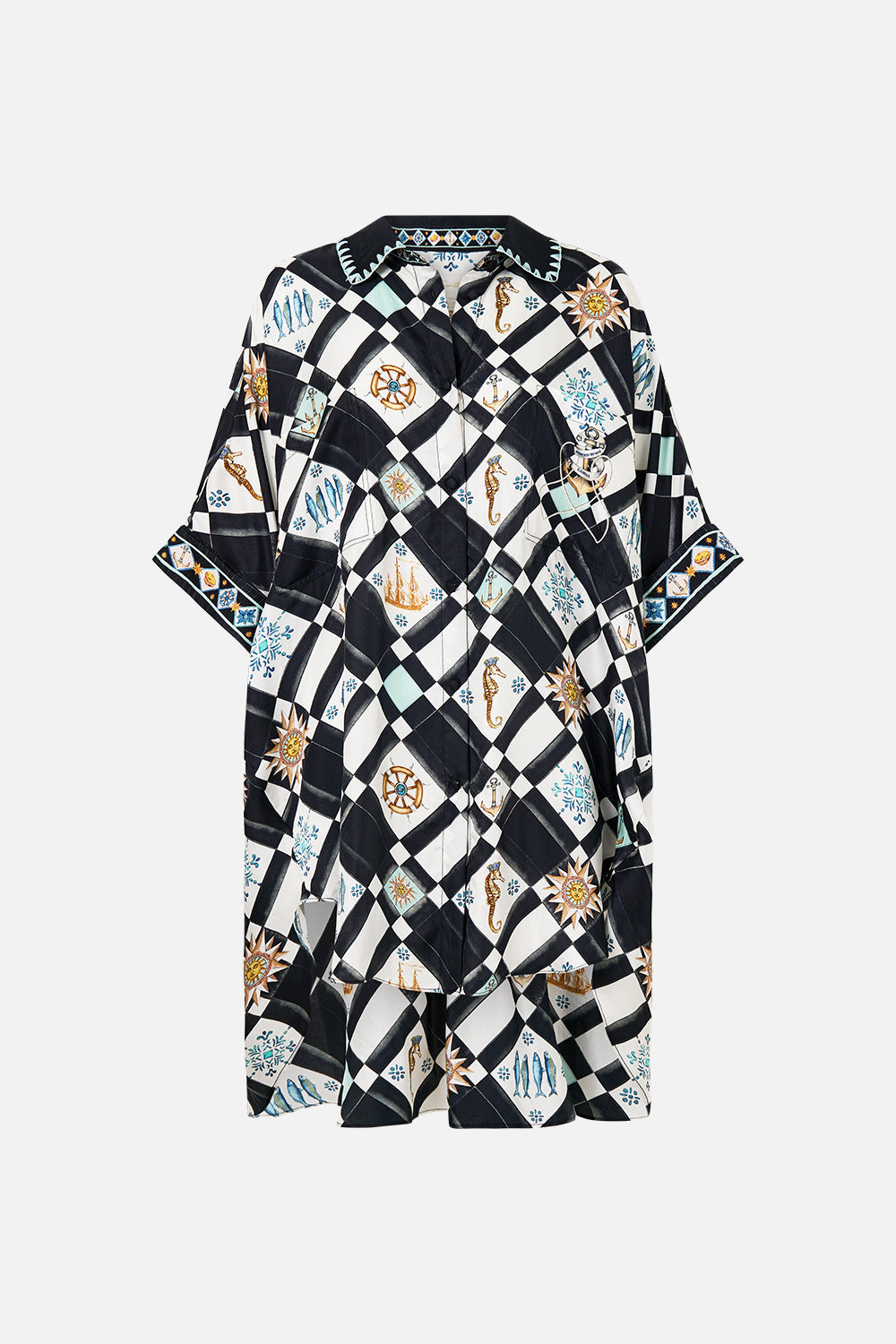 The CAMILLA Oversized Pocket Tunic in our Folk Afloat print.