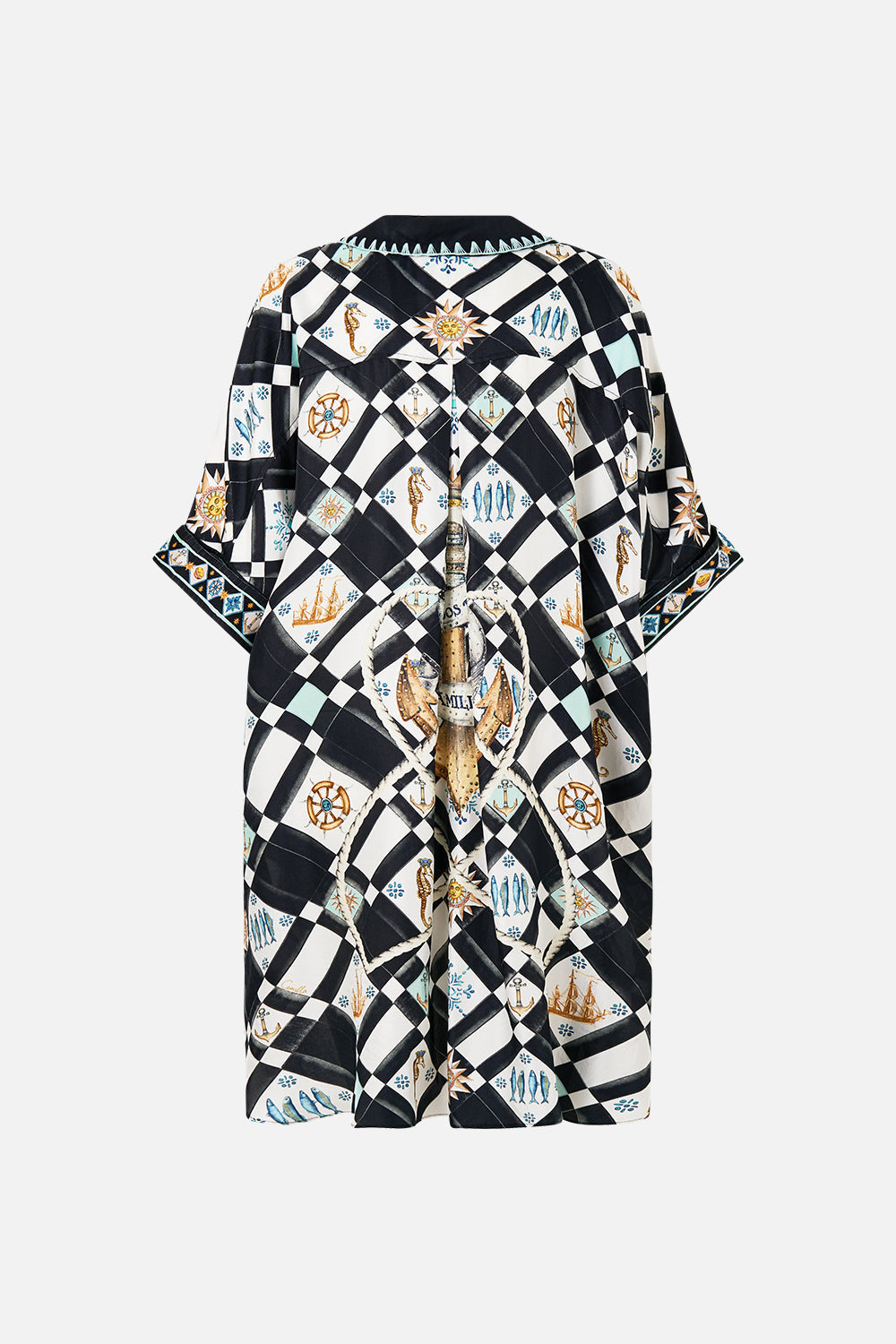 The CAMILLA Oversized Pocket Tunic in our Folk Afloat print.