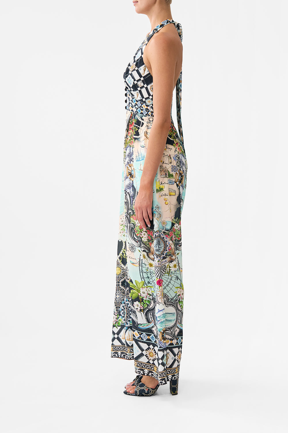 The CAMILLA Halterneck Jumpsuit With Tie Neck in our Folk Afloat print.