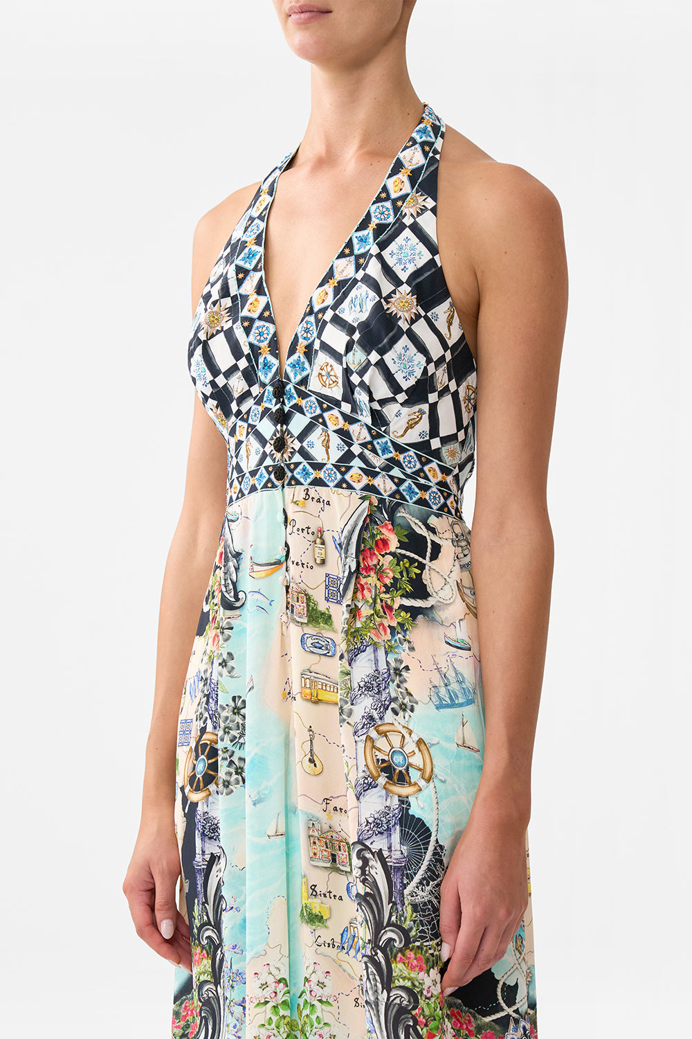 The CAMILLA Halterneck Jumpsuit With Tie Neck in our Folk Afloat print.