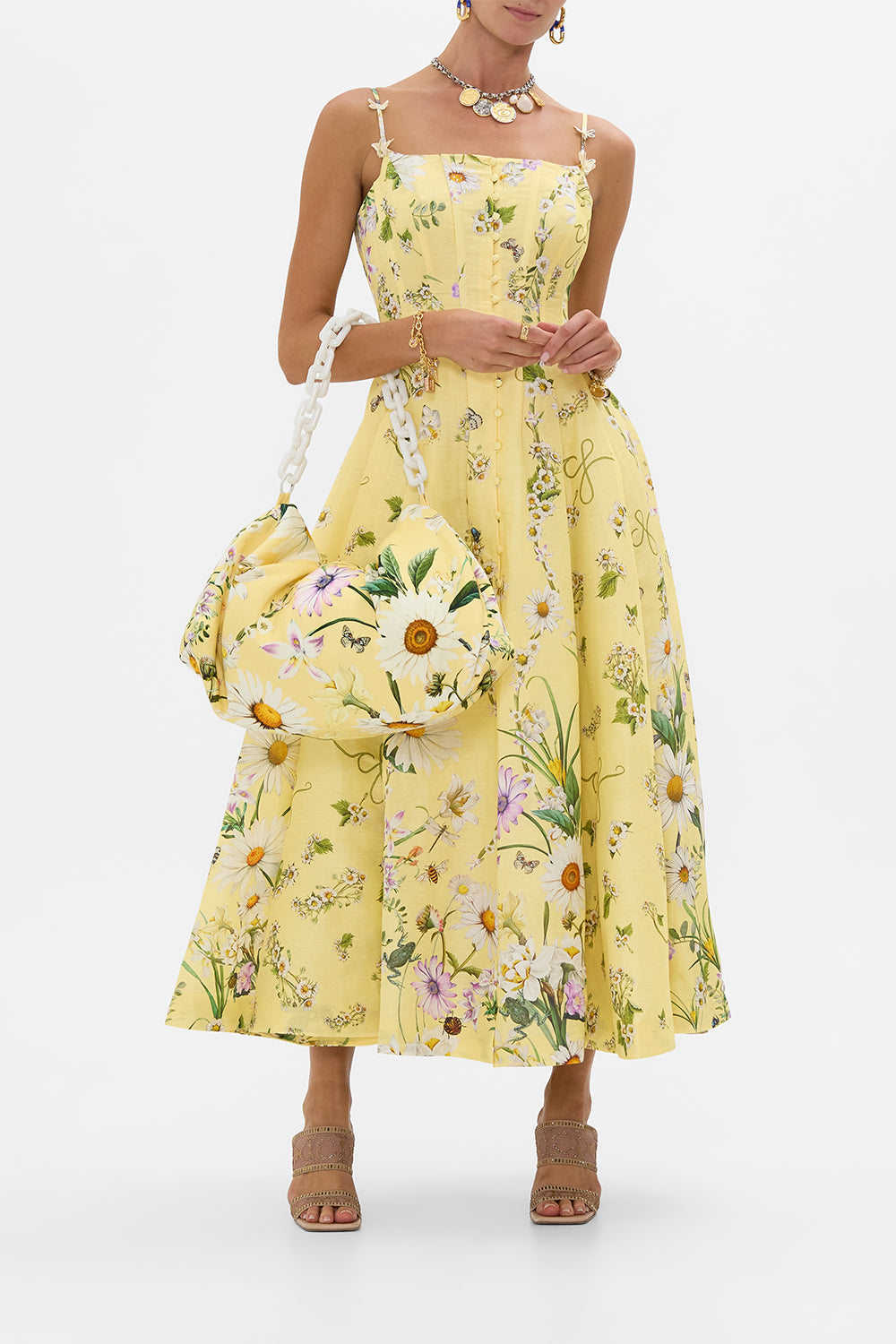 The CAMILLA Corset Dress With Long Flared Skirt in our Daisy Chains print.