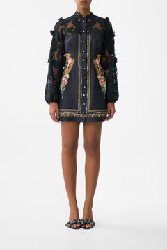 The CAMILLA Lace Sleeve Mini Dress in our Noble Endeavours print.