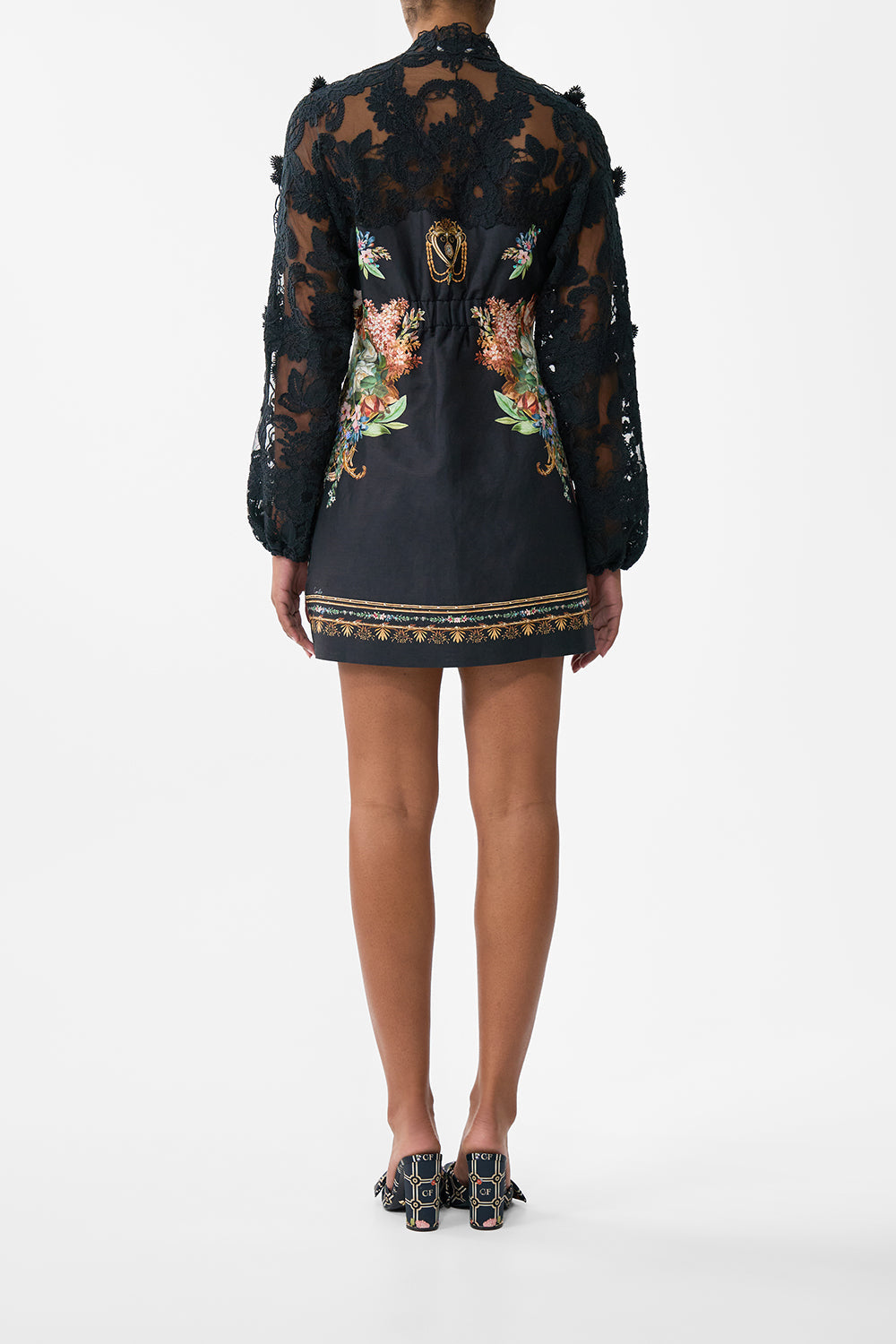 The CAMILLA Lace Sleeve Mini Dress in our Noble Endeavours print.