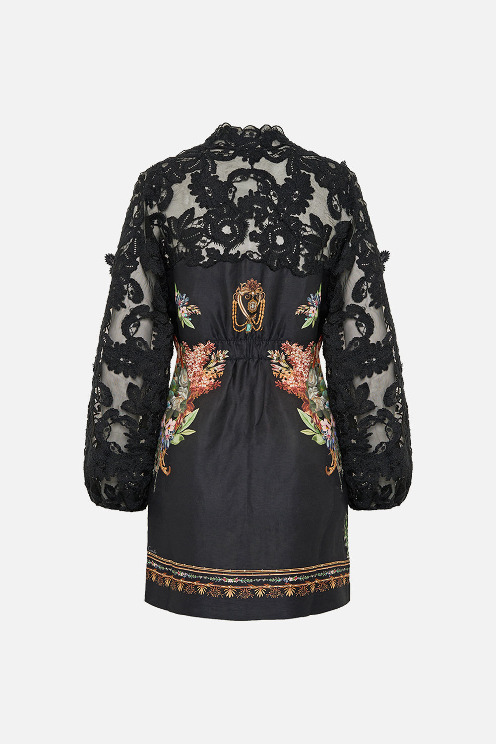 The CAMILLA Lace Sleeve Mini Dress in our Noble Endeavours print.