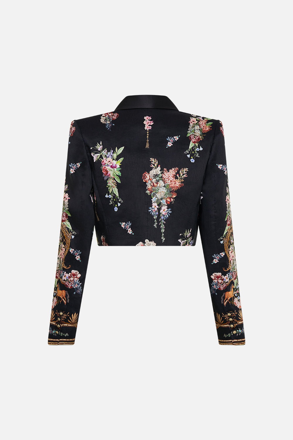 The CAMILLA Cropped Tailored Double Breasted Jacket in our Noble Endeavours print.