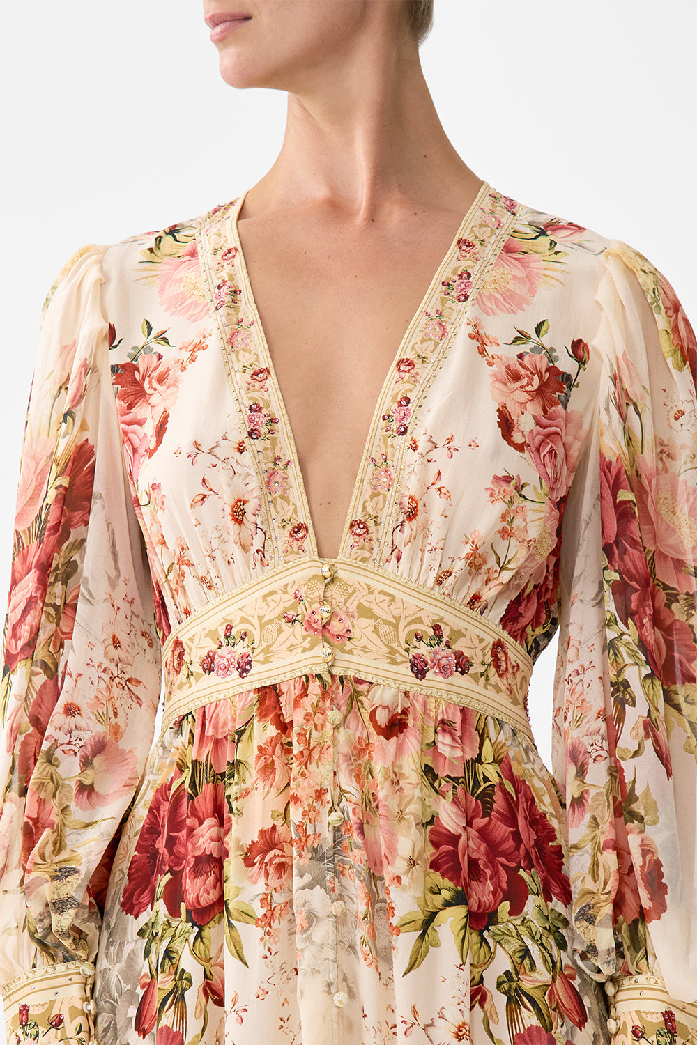 The CAMILLA Long Button Front Dress in our Meet Me At The Majestic print.