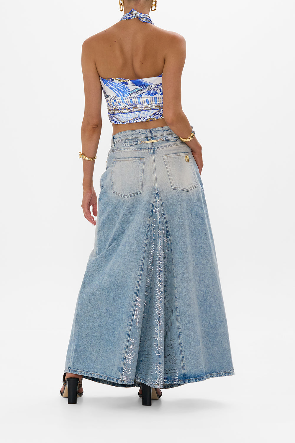 The CAMILLA ENGINEERED CUT OUT LONG KNIT DRESS CARTOUCHE KINGDOM in our  print.