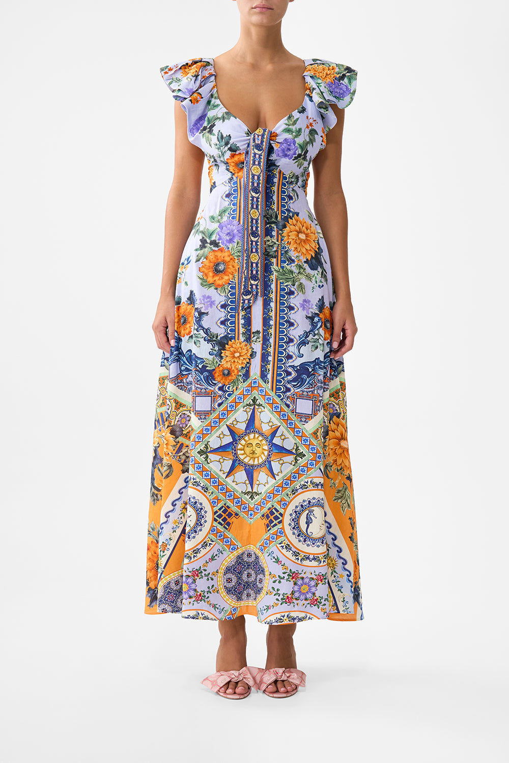 The CAMILLA Tie Front Frill Sleeve Long Dress in our Luscious In Lisbon print.