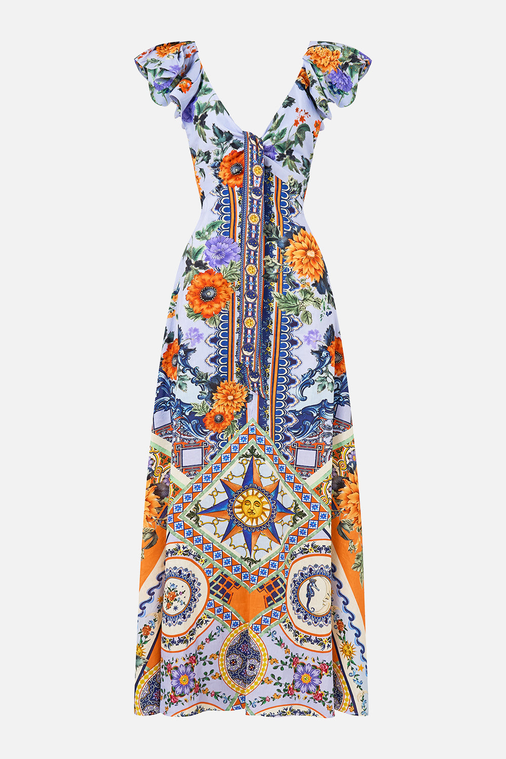 The CAMILLA Tie Front Frill Sleeve Long Dress in our Luscious In Lisbon print.