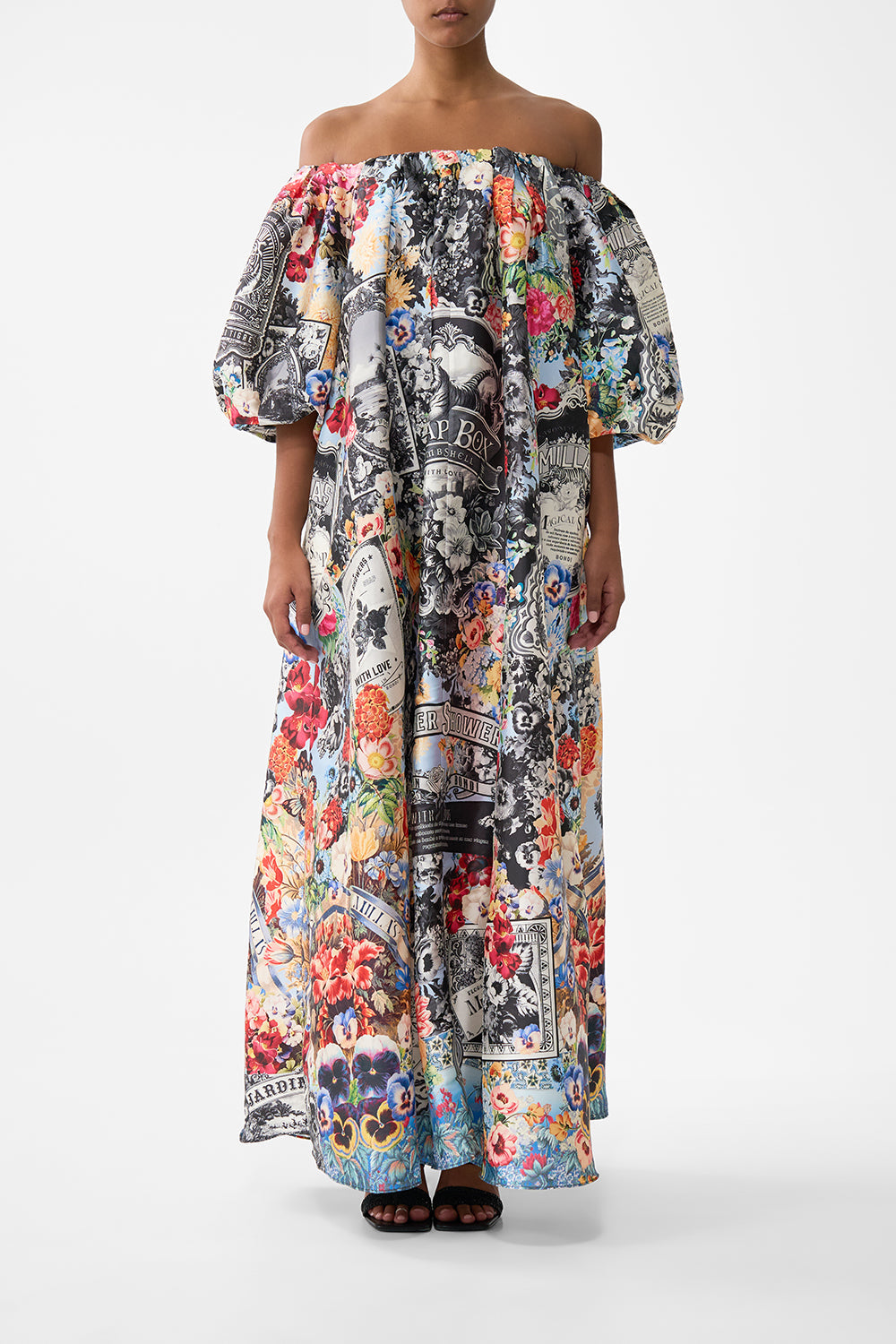 The CAMILLA Off Shoulder Long Puff Dress in our Flower Showers print.