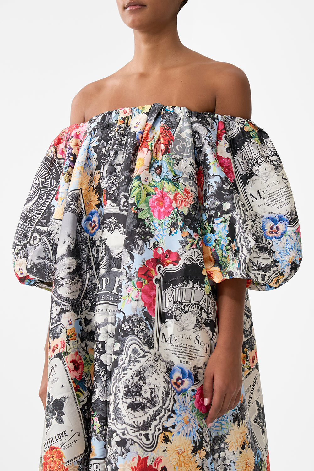 The CAMILLA Off Shoulder Long Puff Dress in our Flower Showers print.