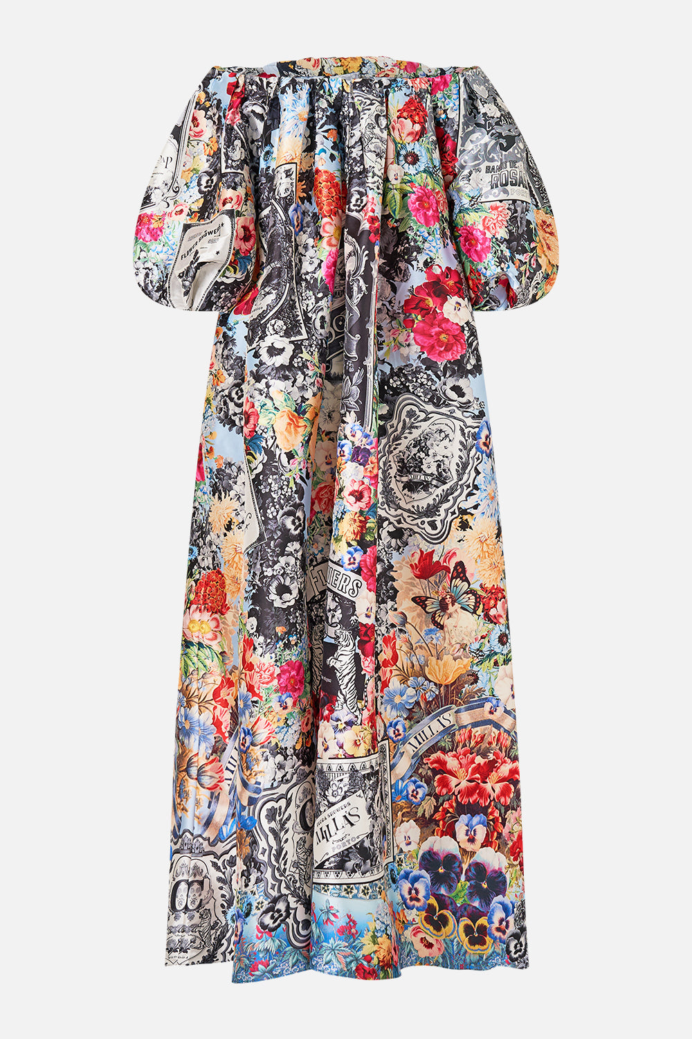 The CAMILLA Off Shoulder Long Puff Dress in our Flower Showers print.