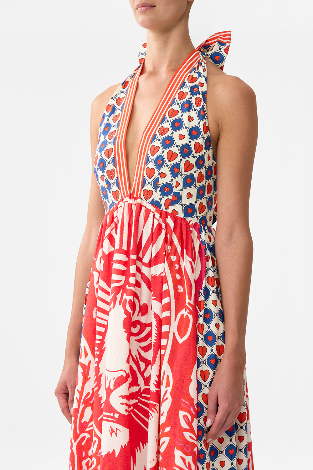 The CAMILLA Ruffle Hem Halter Dress in our Rinse & Roar print.