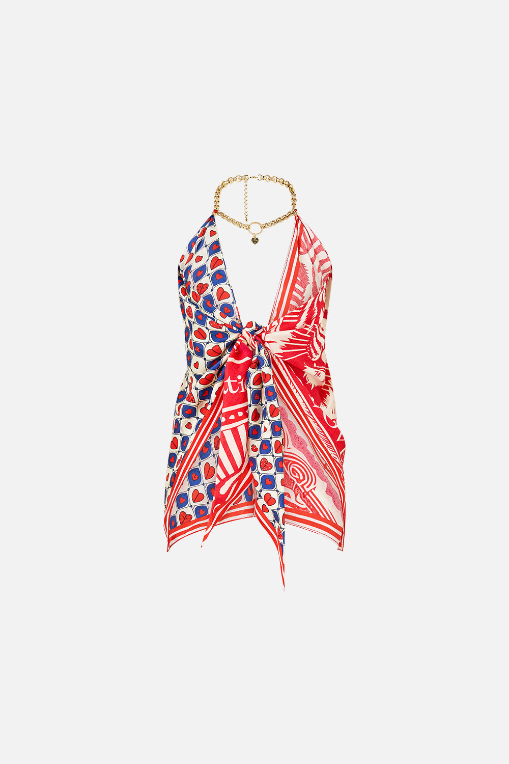 The CAMILLA Knotted Scarf Top in our Rinse & Roar print.