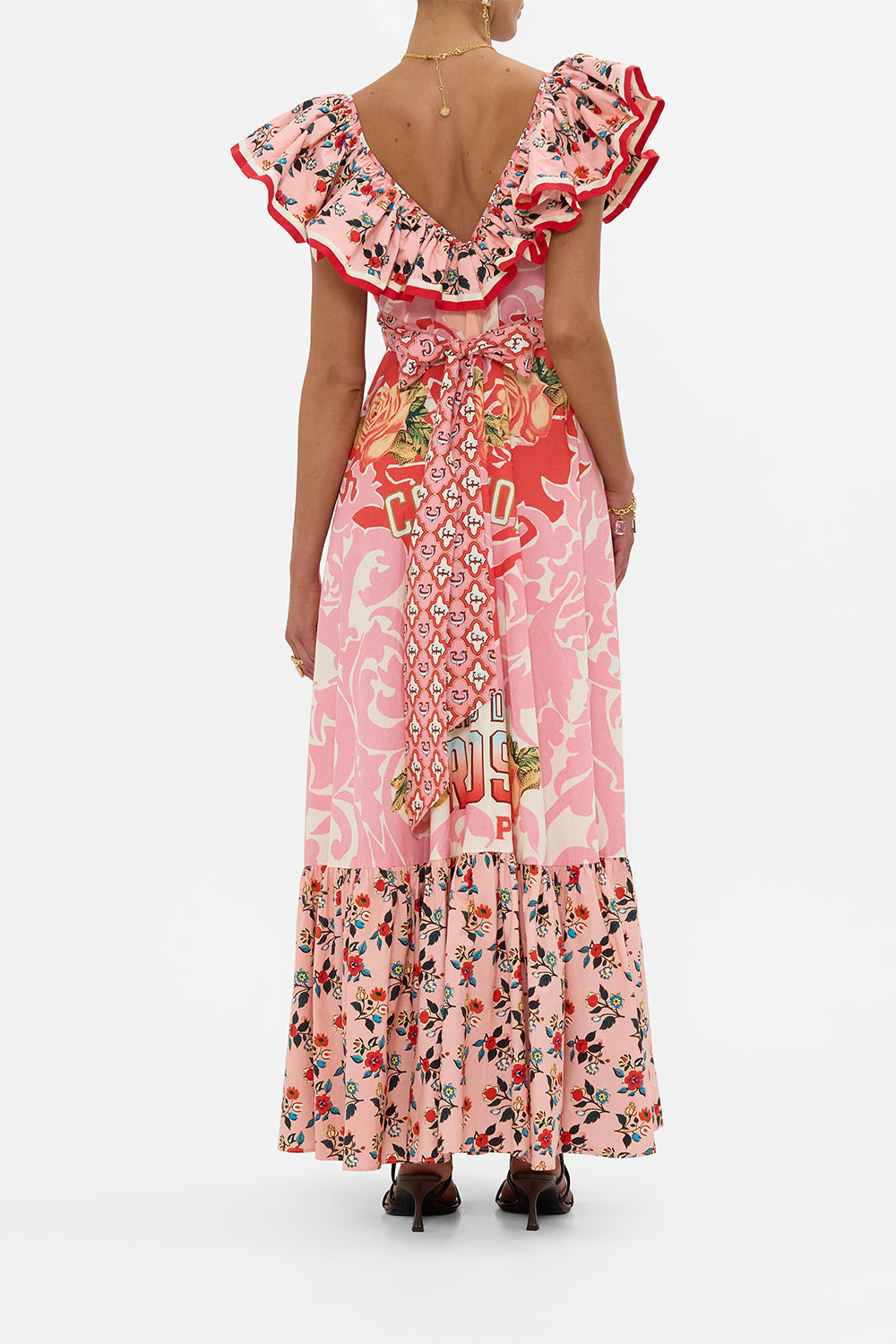 The CAMILLA Frill Neck Dress With Hardware in our Pink Porto print.