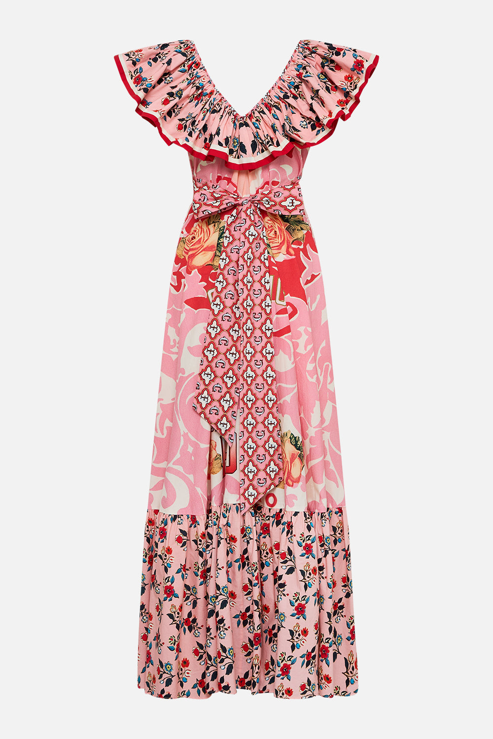 The CAMILLA Frill Neck Dress With Hardware in our Pink Porto print.