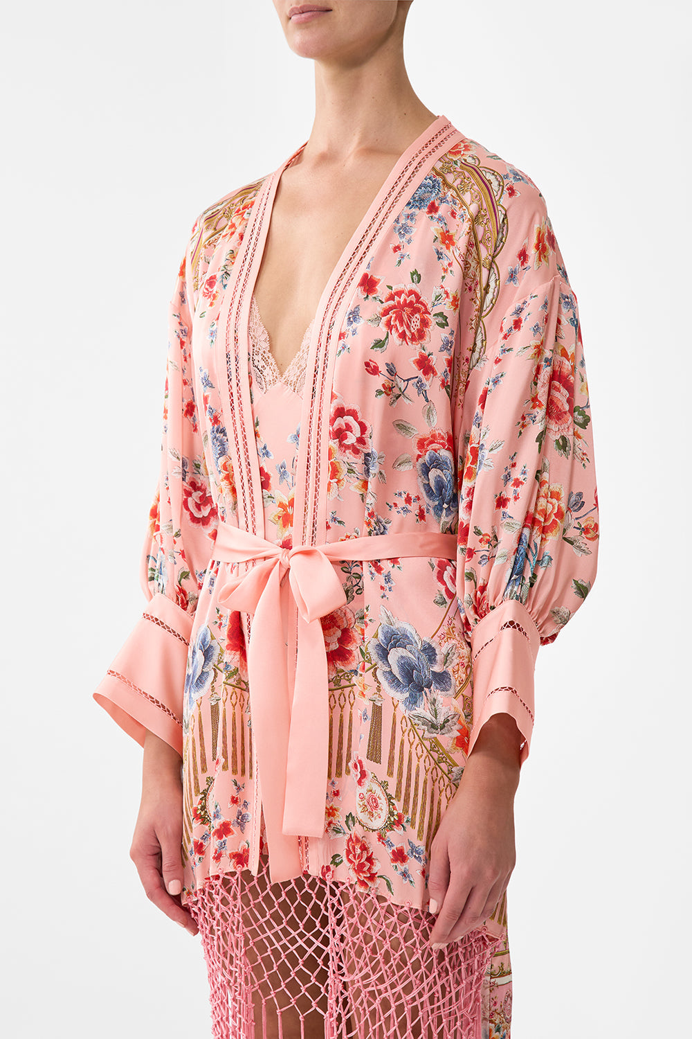 The CAMILLA SHORT TIE FRONT BLOUSON DRESS TILES DARLS in our  print.