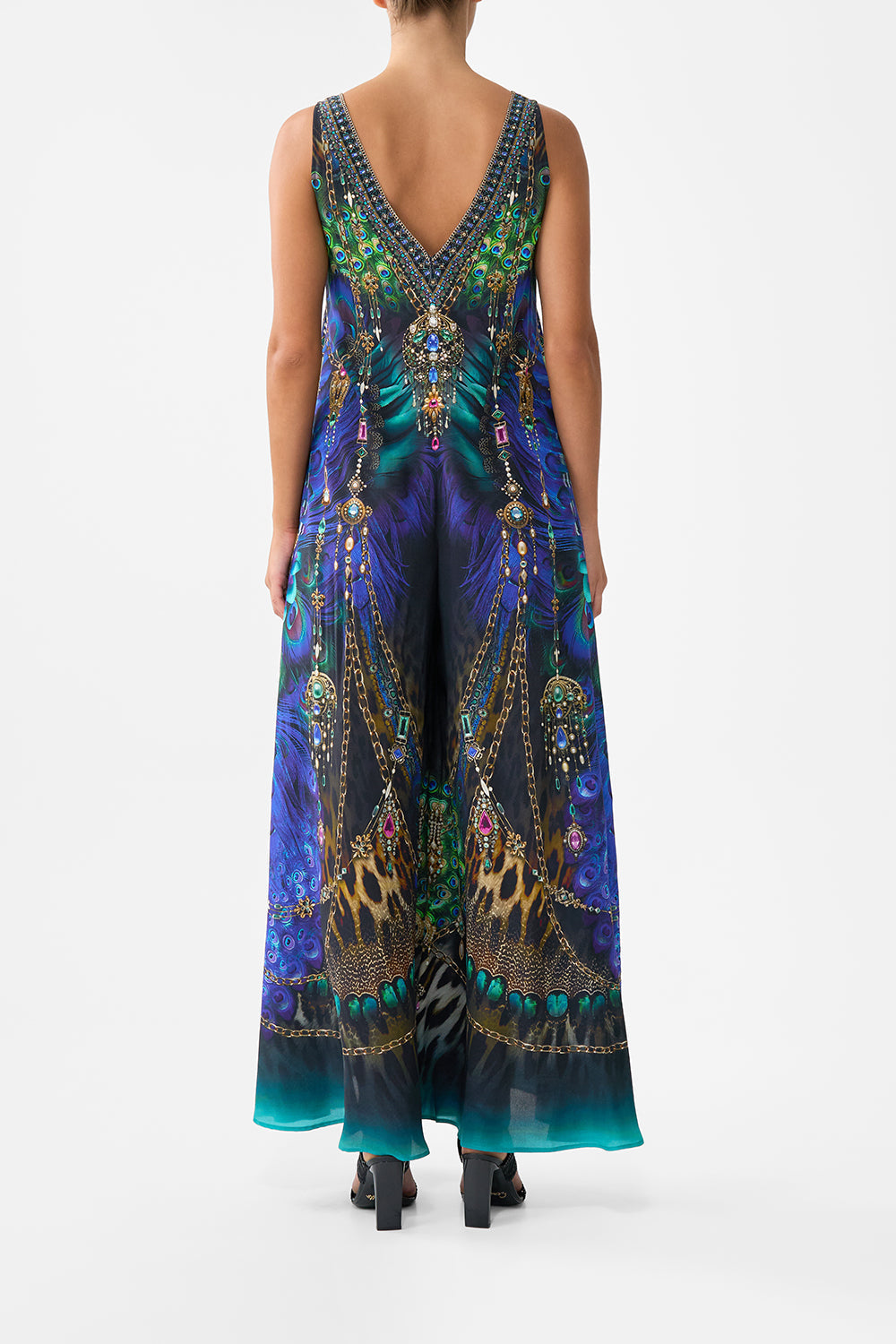 The CAMILLA V Neck Flared Jumpsuit in our Dominican Decadence print.
