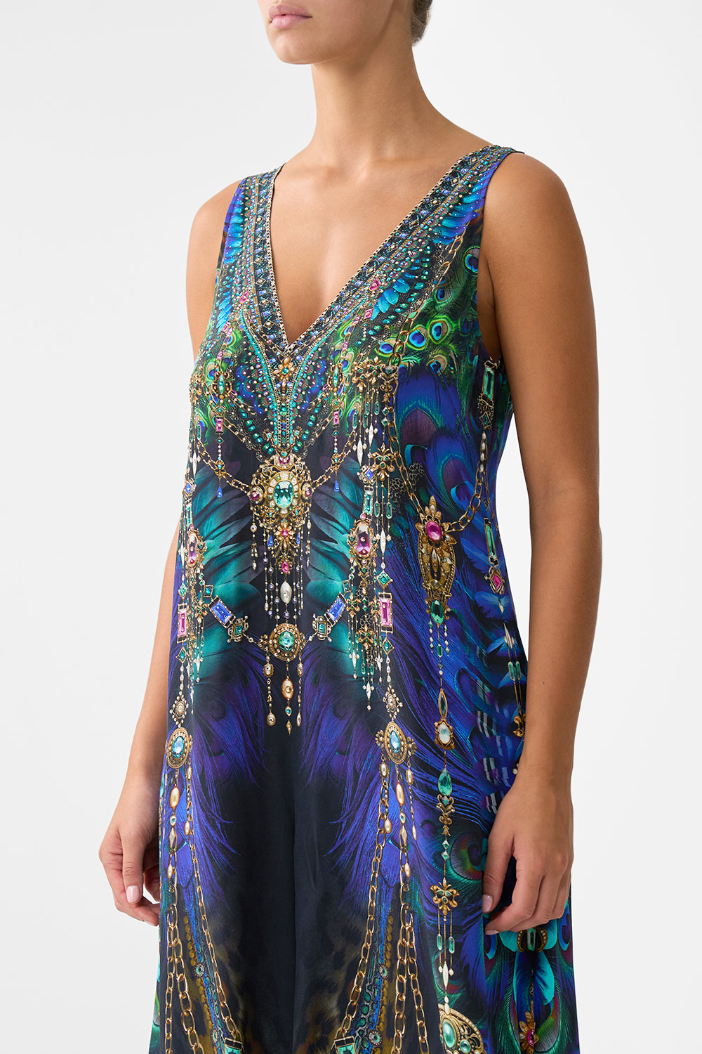 The CAMILLA FRILL NECK DRESS WITH HARDWARE PINK PORTO in our  print.