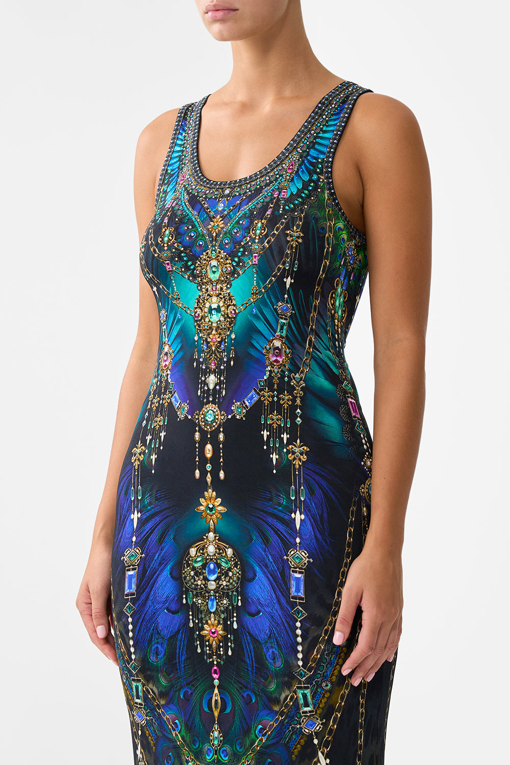 The CAMILLA Jersey Scoop Neck Tank Dress in our Dominican Decadence print.