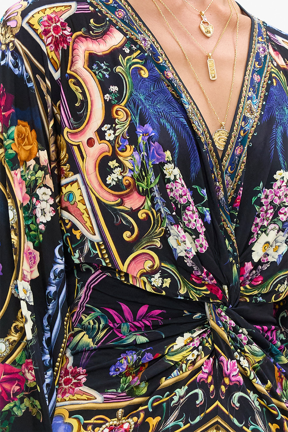 The CAMILLA Long Split Front Twist Dress in our Basked In Baroque print.