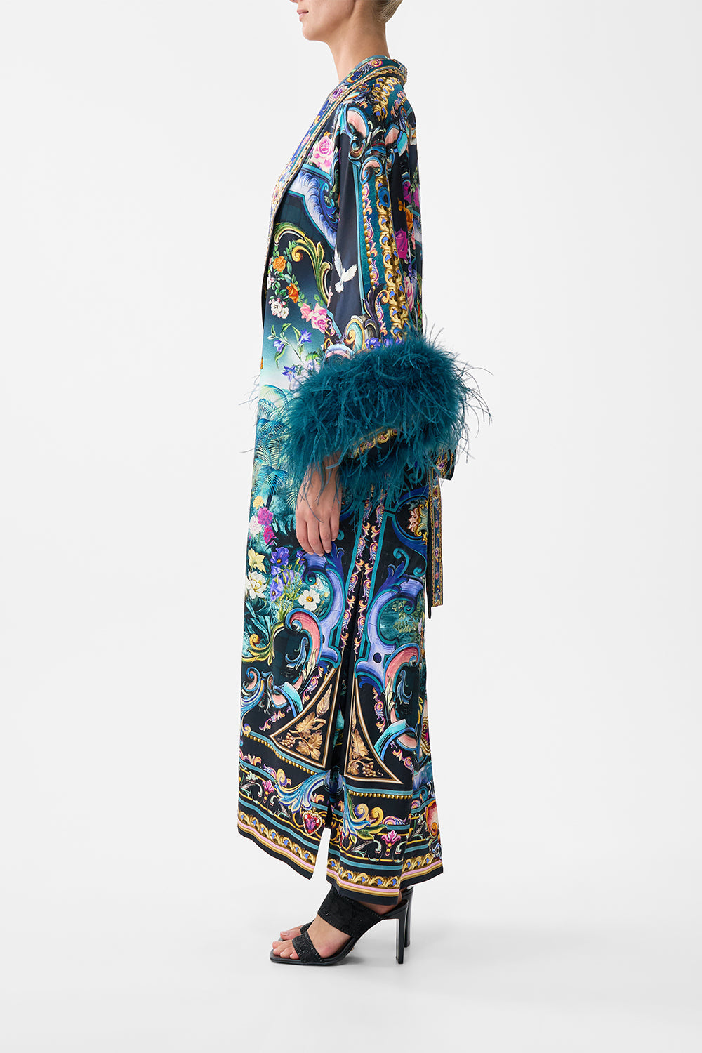 The CAMILLA Long Robe With Narrow Collar And Feathers in our Basked In Baroque print.