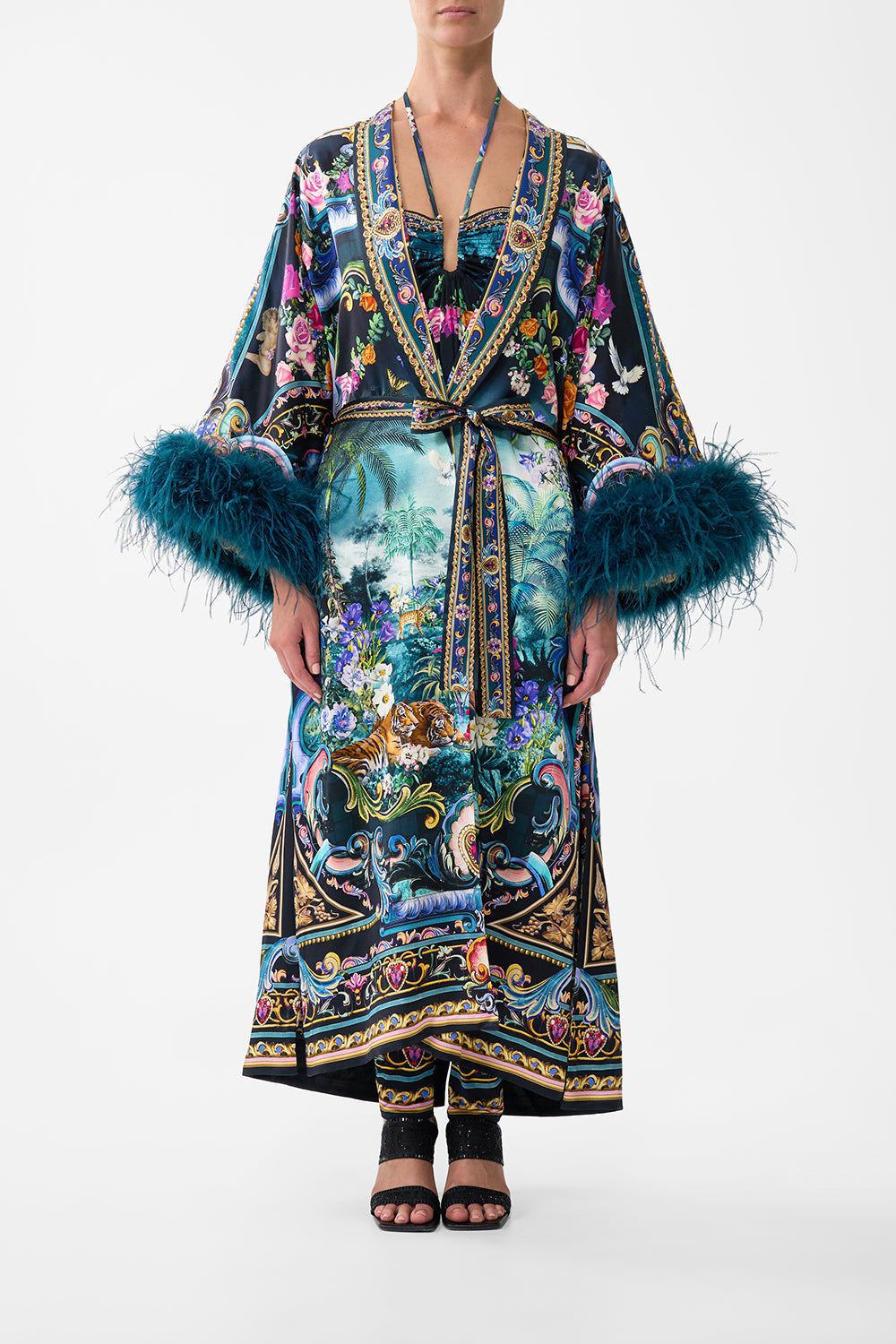 The CAMILLA Long Robe With Narrow Collar And Feathers in our Basked In Baroque print.