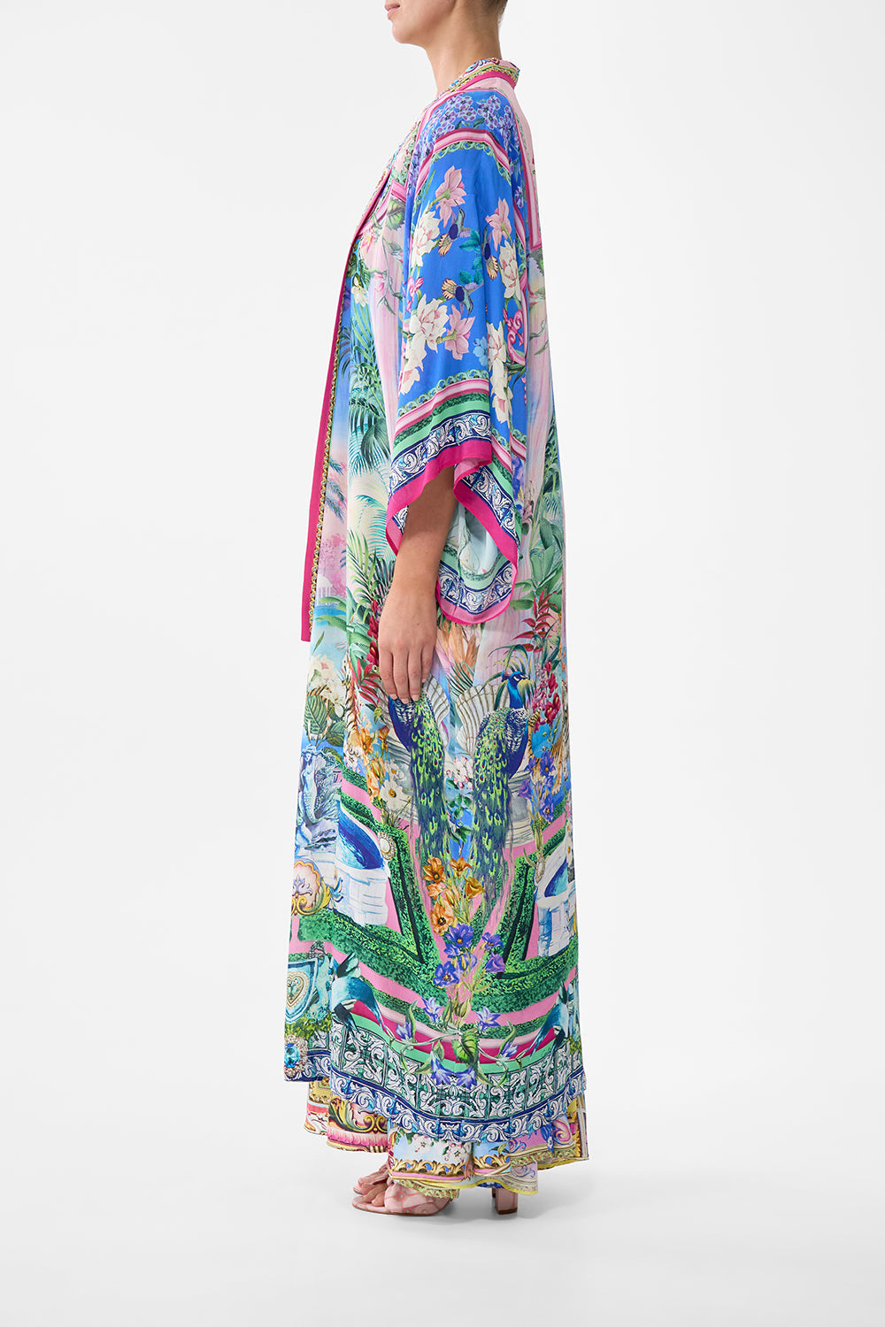 The CAMILLA Kimono Layer With Collar in our Spirit Of Santa Maria print.