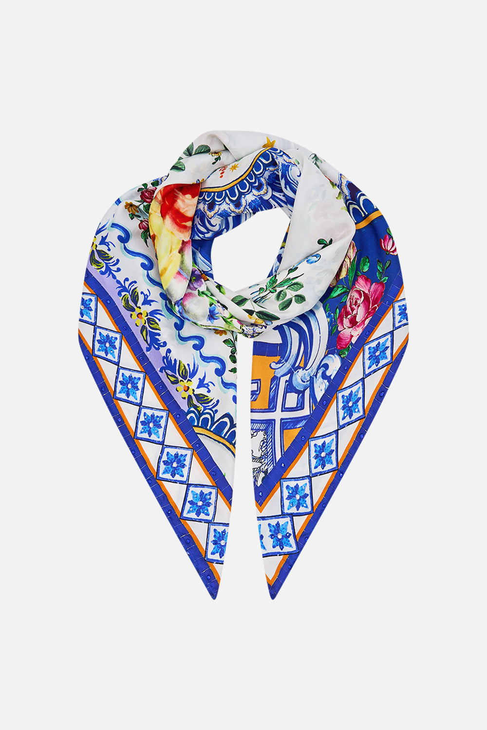 The CAMILLA Large Crystalled Silk Square Scarf in our Tiles Darls print.