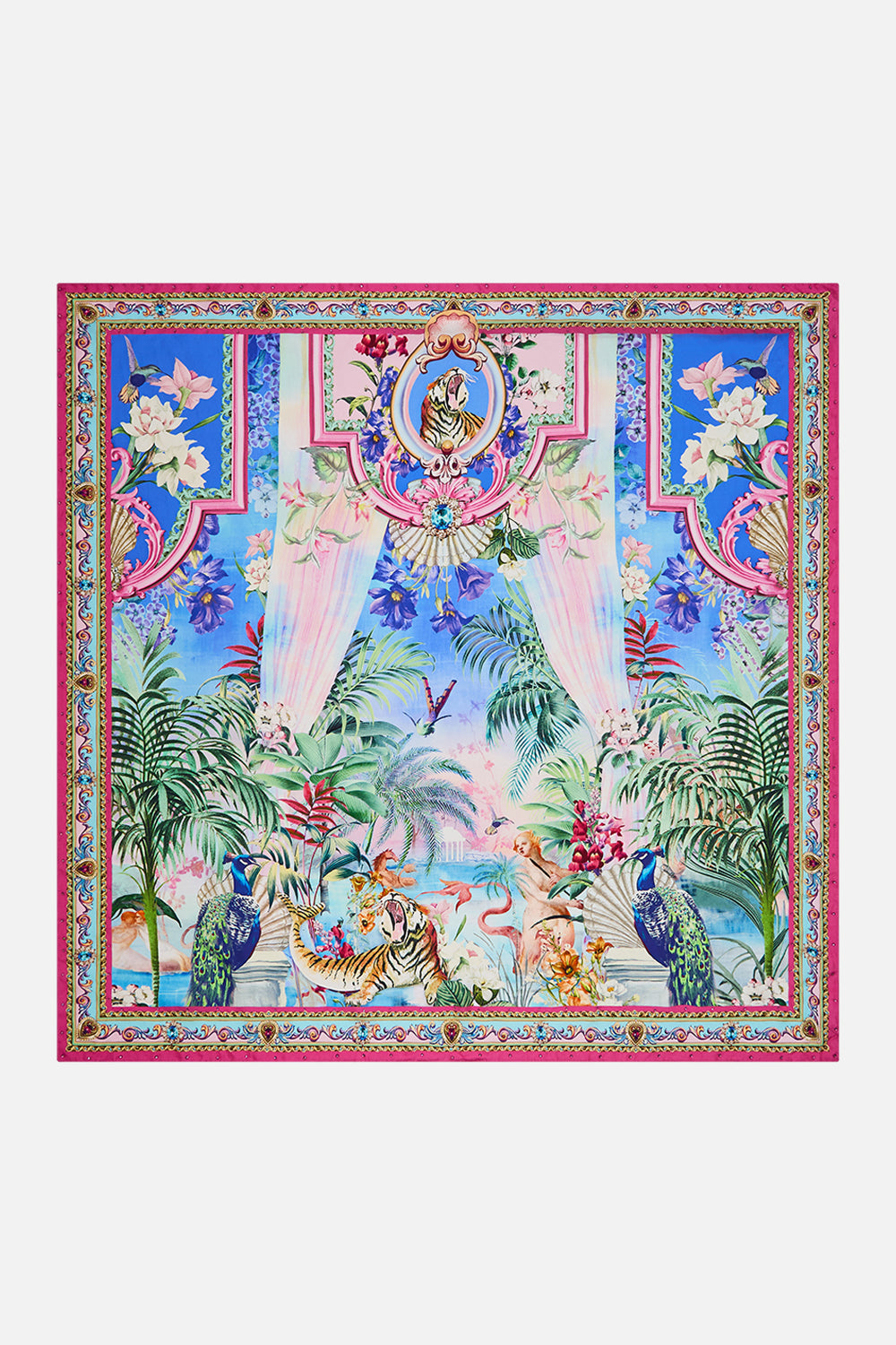 The CAMILLA Large Crystalled Silk Square Scarf in our Spirit Of Santa Maria print.