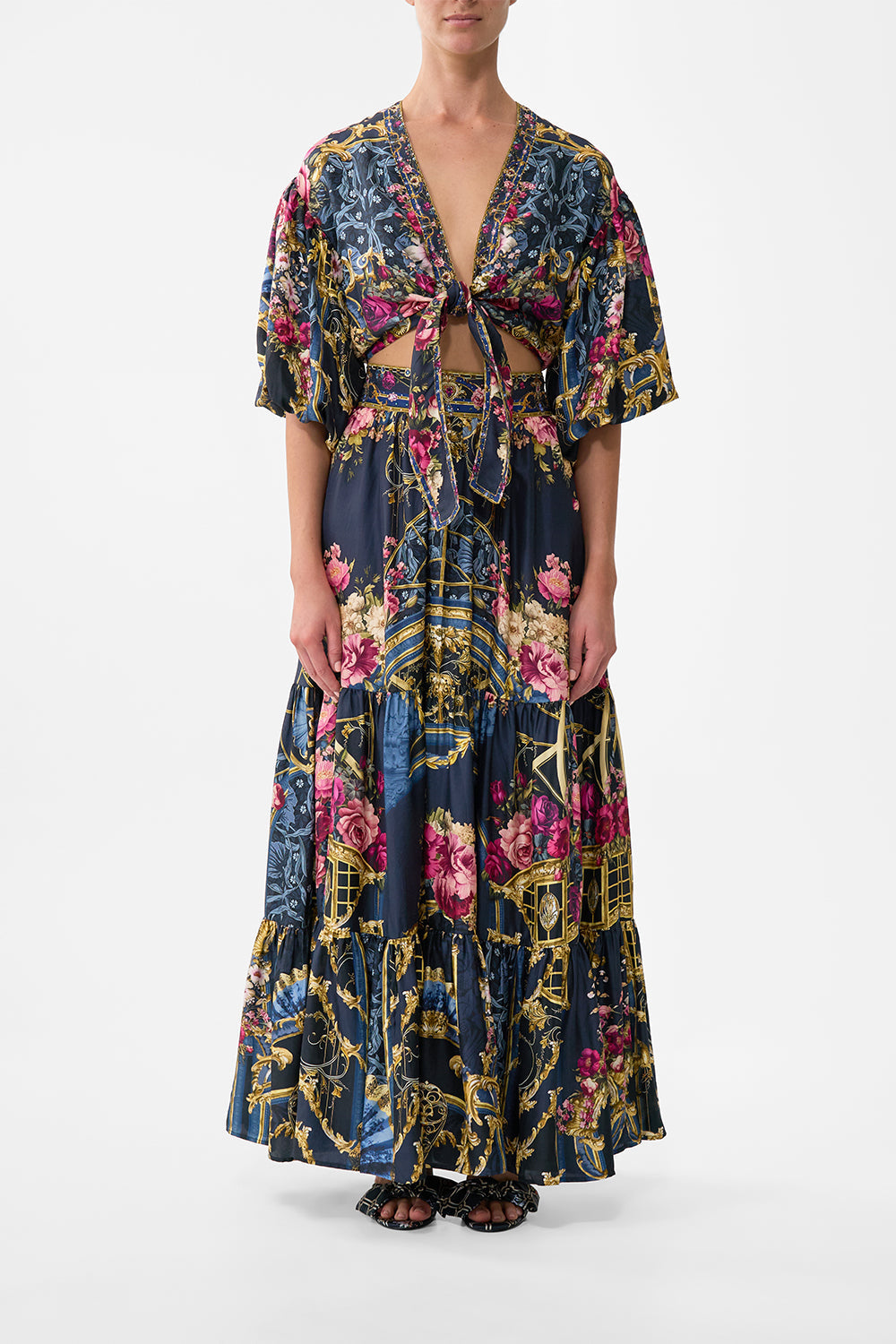 The CAMILLA V NECK BIAS SLIP DRESS WITH FRINGING MAJESTIC MILLA in our  print.