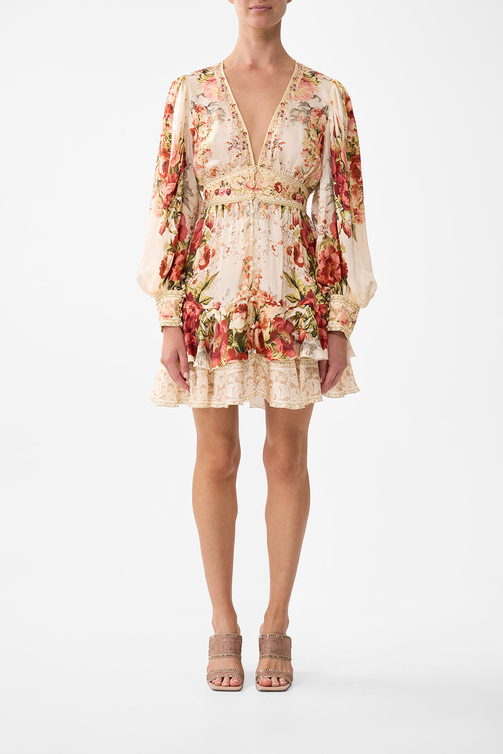 The CAMILLA Button Front Frill Dress in our Meet Me At The Majestic print.