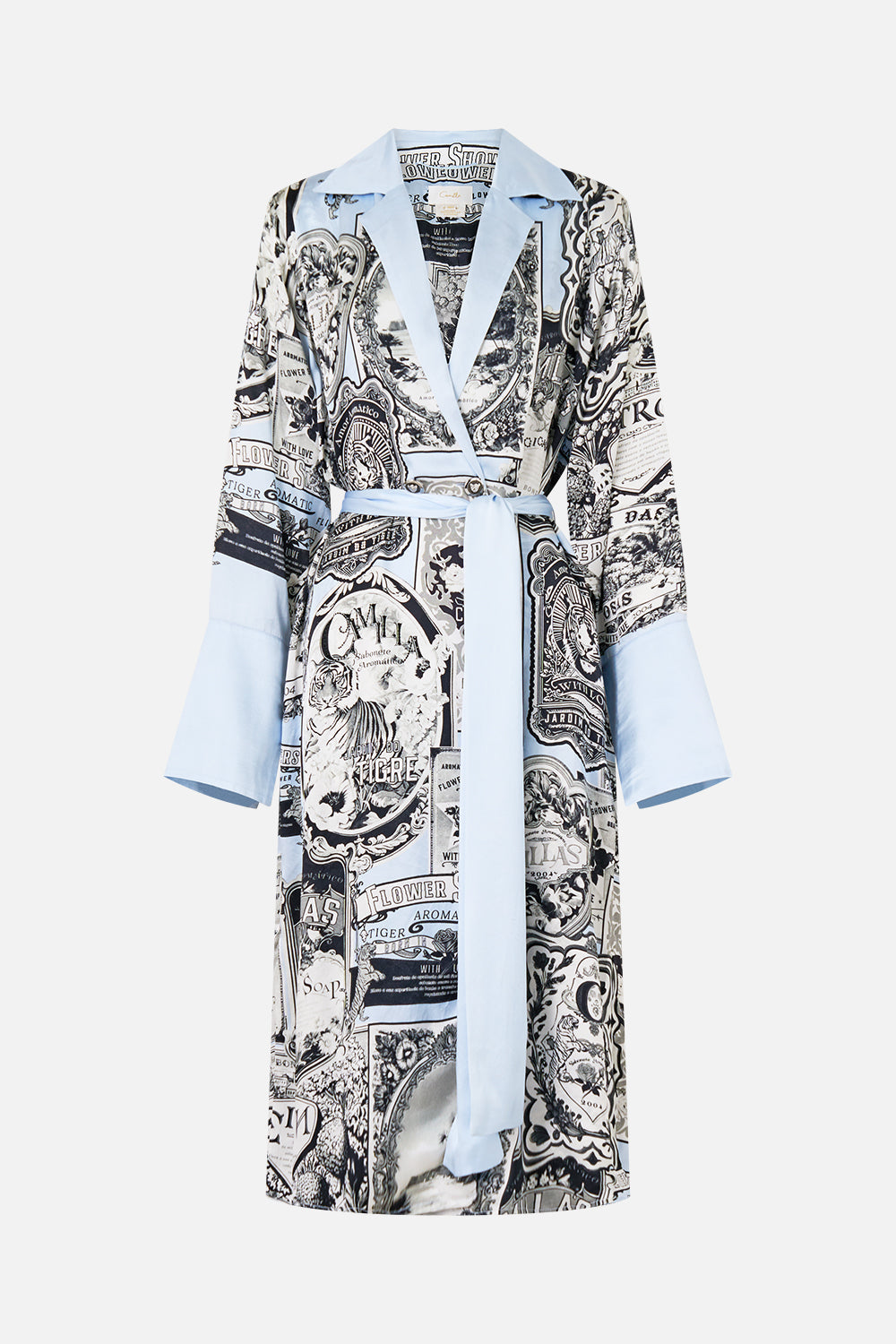 The CAMILLA BUTTON DRESS WITH SHAPED WAISTBAND BASKED IN BAROQUE in our BASKED IN BAROQUE print.