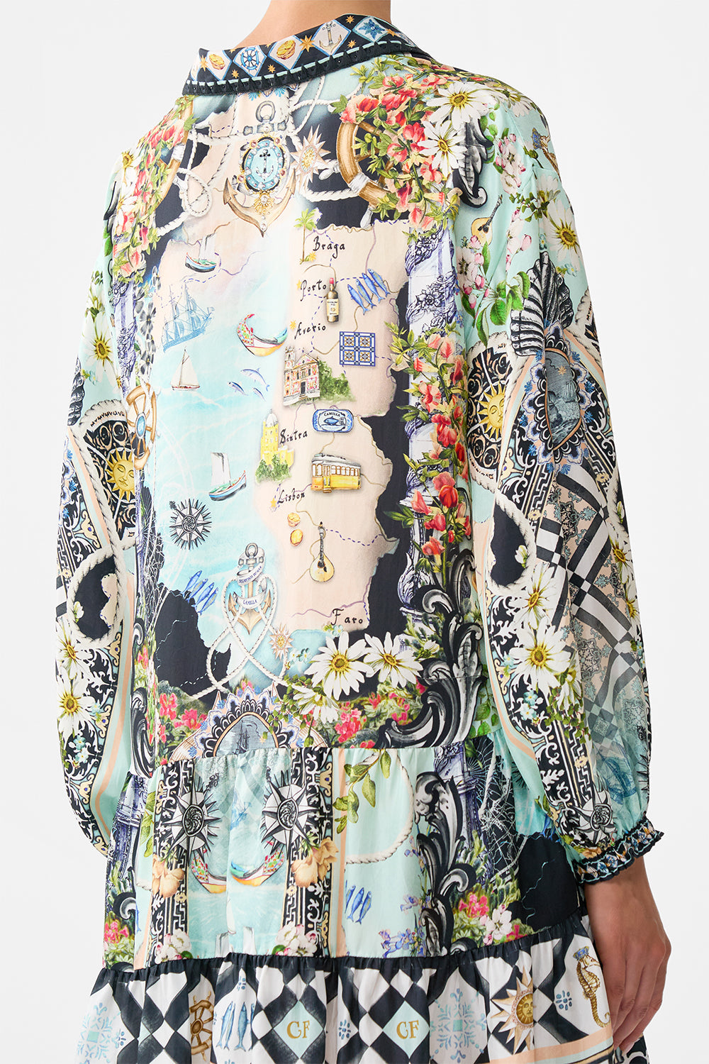 The CAMILLA Long Sleeve Tiered Short Dress in our Folk Afloat print.