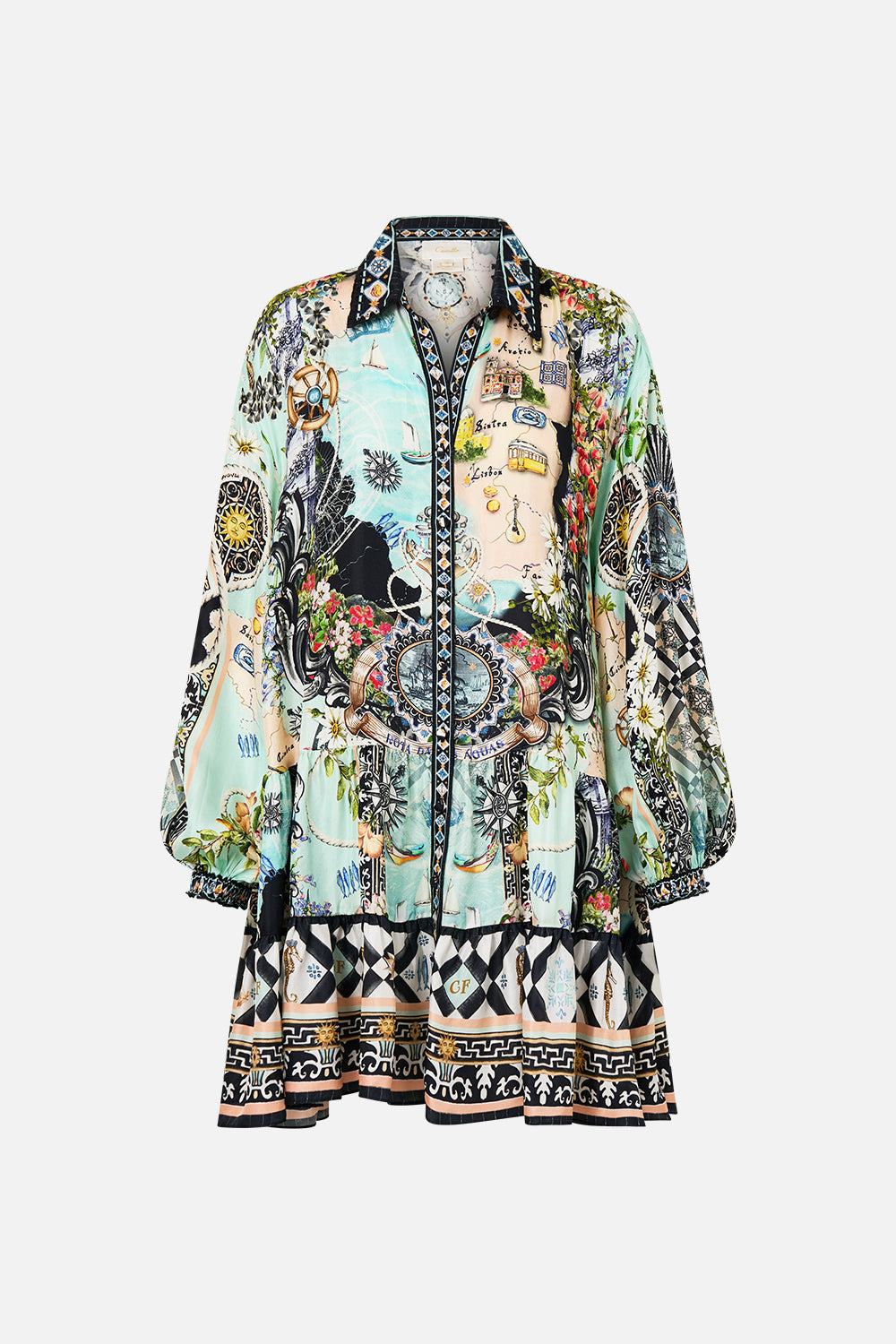 The CAMILLA Long Sleeve Tiered Short Dress in our Folk Afloat print.