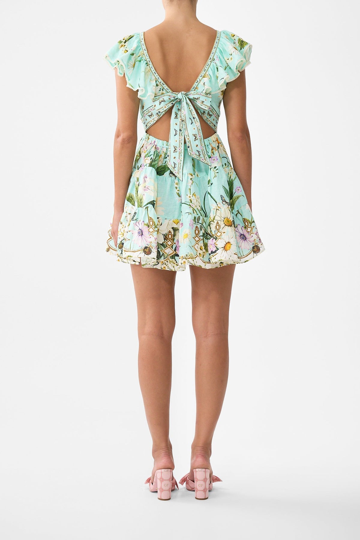 The CAMILLA Tiered Short Dress With Neck Frill in our Floral Freefall print.