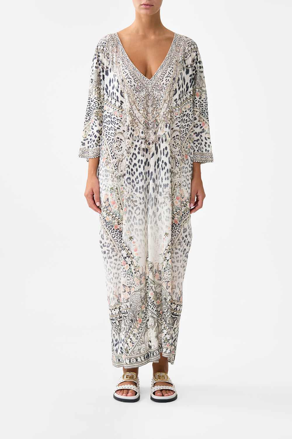 The CAMILLA Jersey V Neck Batwing Kaftan in our Marble Heaven print.
