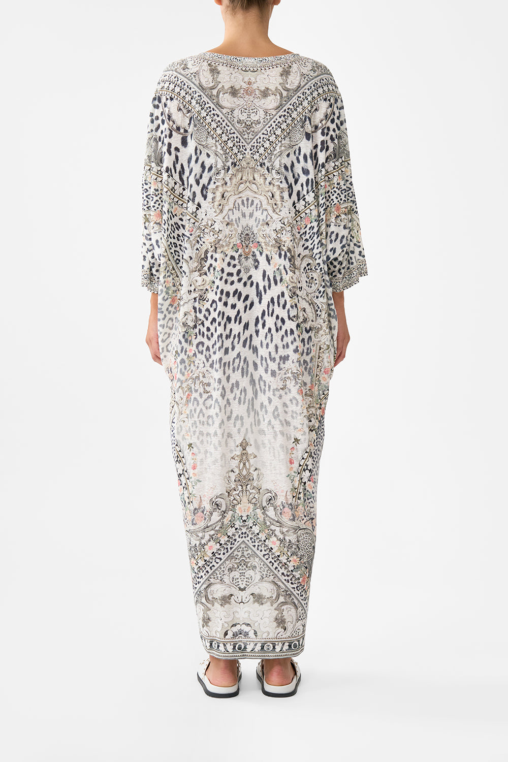 The CAMILLA Jersey V Neck Batwing Kaftan in our Marble Heaven print.