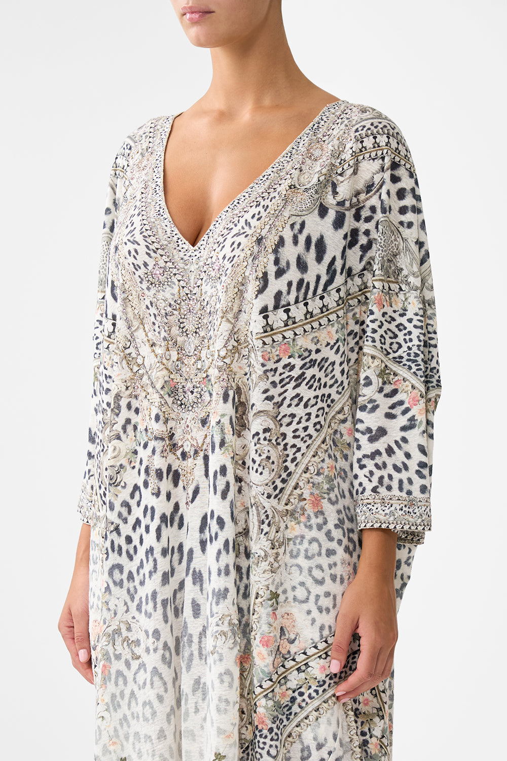 The CAMILLA Jersey V Neck Batwing Kaftan in our Marble Heaven print.