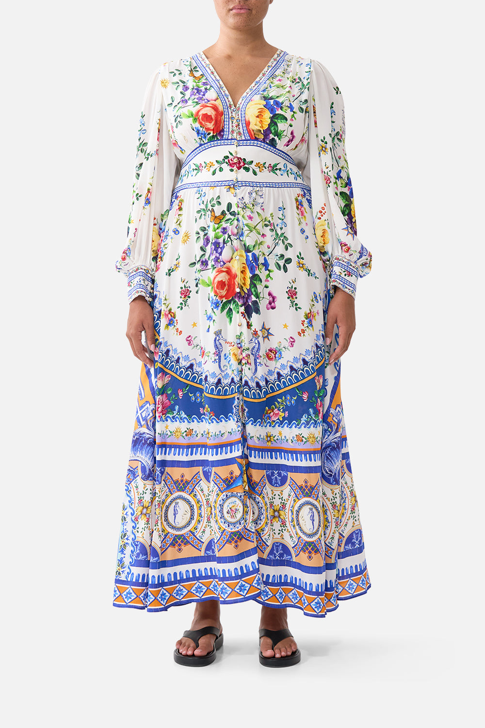 SHAPED WAISTBAND DRESS WITH GATHERED SLEEVES TILES DARLS