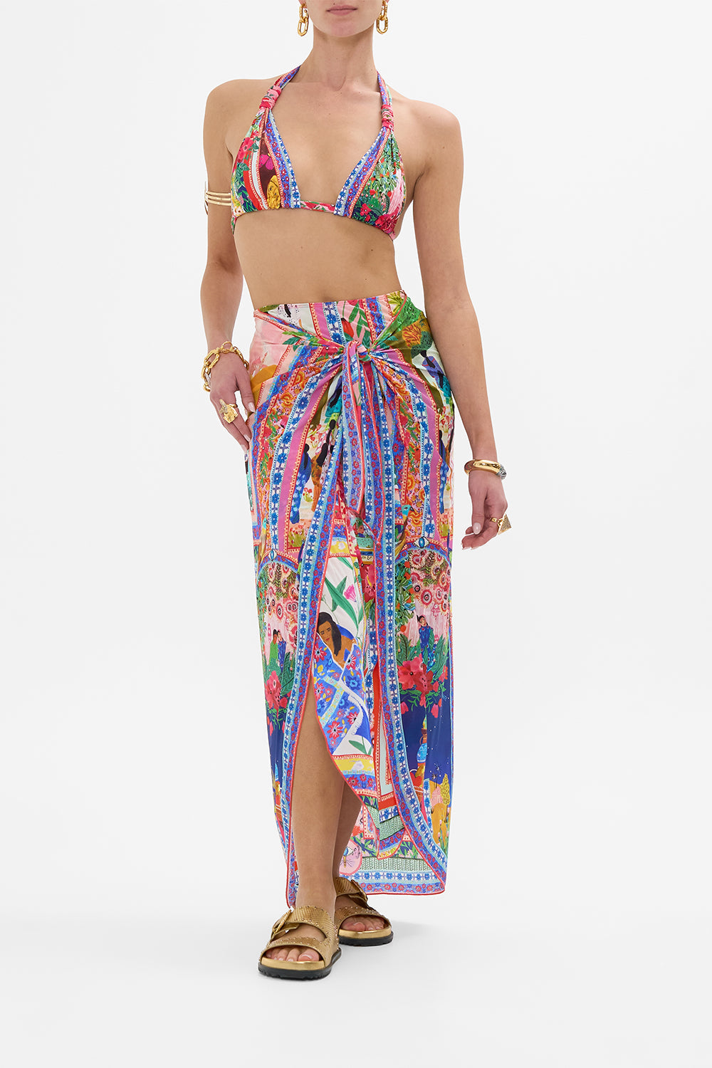 CAMILLA in Layered Long Sarong With Front Tie in Roeqiyas Realm print. 