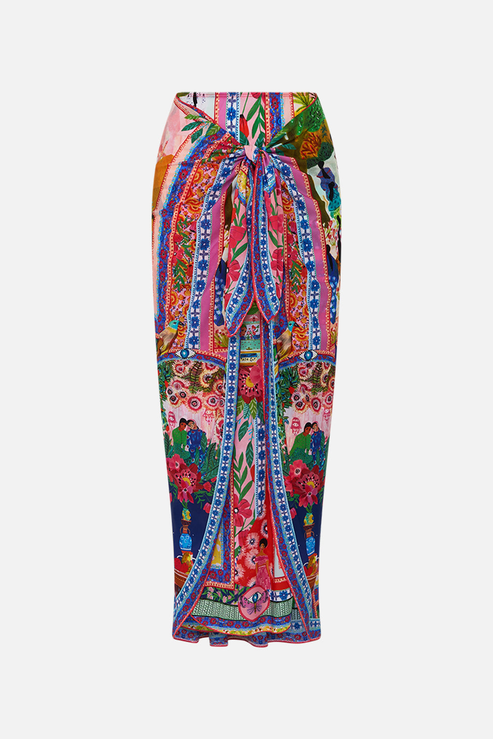 CAMILLA in Layered Long Sarong With Front Tie in Roeqiyas Realm print. 